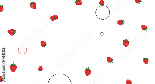 Scattered pattern of small red strawberries with green leaves and simple black circles on a white background in a minimal graphic style.