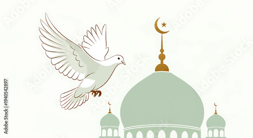 Celebrating Eid Mubarak and Happy Eid al-Fitr 2026 with a serene dove flying over a majestic mosque