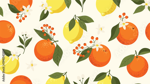 Vibrant seamless pattern with oranges lemons and white blossoms for fresh citrus juice and organic food branding.