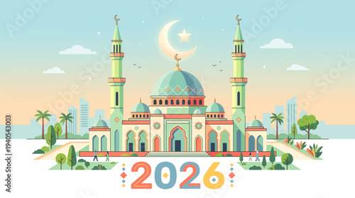Celebrating Eid Mubarak and Happy Eid al-Fitr 2026 with lanterns, stars, and mosques under a serene night sky