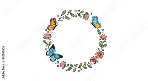 Beautiful floral wreath decorated with pink blossoms green leaves and colorful butterflies in blue and orange arranged in a graceful circular design.