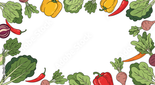 Rectangular frame composed of colorful fresh vegetables like lettuce peppers beets and chili peppers surrounding a central white copy space area.
