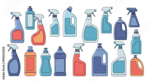 Colorful collection of various household cleaning spray bottles and detergent containers in different shapes and sizes for chores or hygiene concepts.
