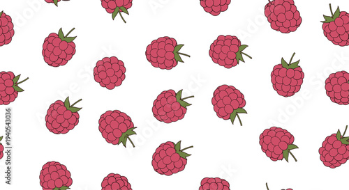 Seamless food pattern showcasing ripe pink raspberries with small green stems and leaves distributed evenly on a plain white background for design.