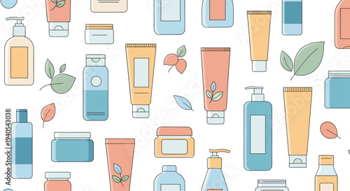 Repetitive pattern design featuring various cosmetic bottles tubes and jars mixed with green leaves in a soft color palette for beauty products.