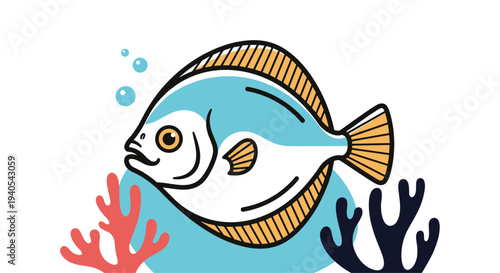 Colorful illustration of a flatfish swimming near vibrant red and dark blue coral reefs with air bubbles rising in a clear blue underwater scene.