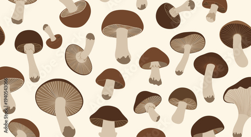 Seamless texture of various brown mushrooms with different shapes and gill patterns on a light beige background for autumn or culinary themes.