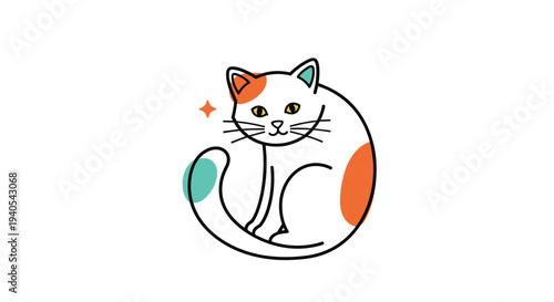 Stylized drawing of a white calico cat with colorful orange and teal spots sitting peacefully in a minimalist contemporary graphic art style.