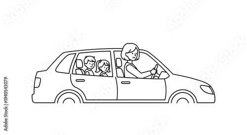 Simple line drawing of a family in a car.