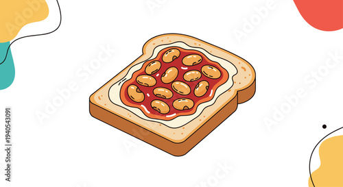 Isometric illustration of a slice of toasted bread topped with a layer of cream and baked beans in tomato sauce on a white background with blobs.