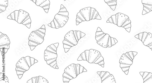 Monochrome seamless pattern of hand-drawn croissants in various orientations creating a repetitive bakery-themed design for cafe decor or paper.