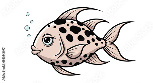 Detailed illustration of a spotted light brown fish with large fins and expressive eyes swimming with small air bubbles in a clear environment.