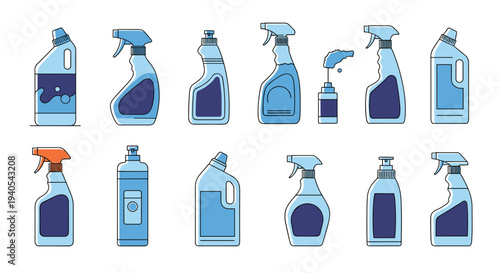 Set of various cleaning product bottles in different shades of blue featuring sprayers and caps for household chores isolated on white.