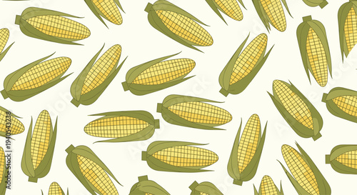 Seamless pattern of yellow corn on the cob with green husks scattered across a pale cream background for a cheerful agricultural design theme.