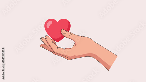 Human hand holding small red heart symbol against pink background for love healthcare and charity organization concepts.