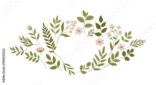 Symmetrical arrangement of various wild flowers and delicate green leaves forming an elegant horizontal frame or decorative element on white.