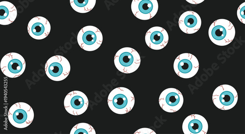 Spooky seamless pattern of realistic eyeballs with blue irises and red veins scattered across a dark black background for halloween themes.