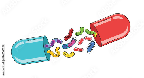 Creative illustration of a medicine capsule split open to release various colorful bacteria and germs for health and science related themes.