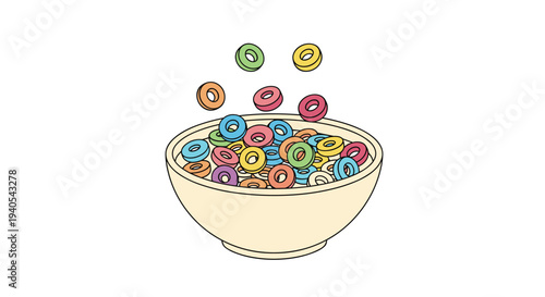 Colorful fruit flavored loop cereal pieces falling into a ceramic breakfast bowl against a clean white background in a cute illustrated style.