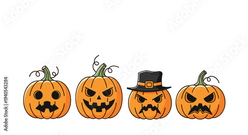 Set of four different carved pumpkins with various spooky and angry facial expressions for halloween decorations on a white background.