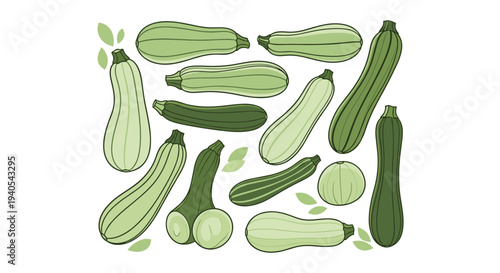 Assorted collection of various green zucchini and courgette varieties including whole vegetables and slices arranged in a clean graphic layout.