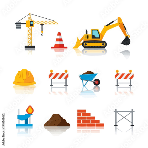 Construction equipment and safety icons set, vector illustration