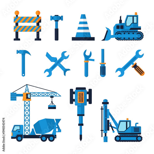Construction Equipment and Tools Collection: Blue and Orange Vector Icons