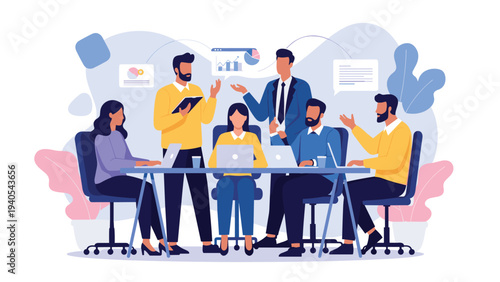 Team of professional business people working together in a modern office environment using laptops for effective collaboration.