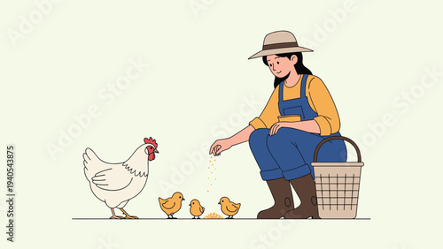 Female farmer in overalls and a hat squatting to feed a white hen and her small yellow chicks on a traditional poultry farm.