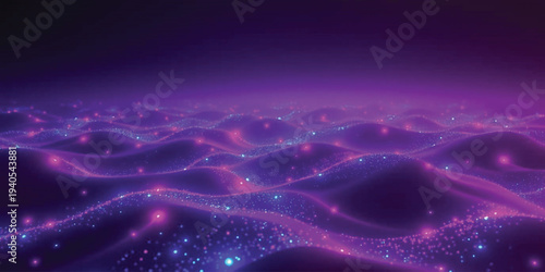 Abstract Purple Ethereal Waves: Futuristic Digital Landscape with Glowing Neon Particles and Deep Violet Space Nebula