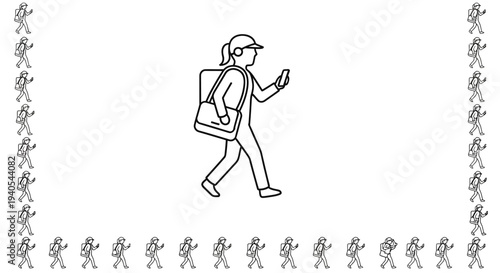 Man walking with backpack and phone in hand, minimalist illustration.