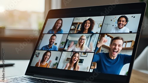 Virtual Meeting with Diverse Group of Smiling Professionals on Laptop