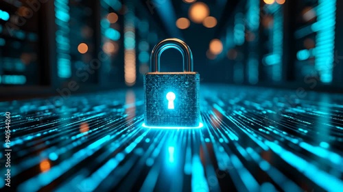 Digital Security Lock Surrounded by Glowing Data Streams and Lights