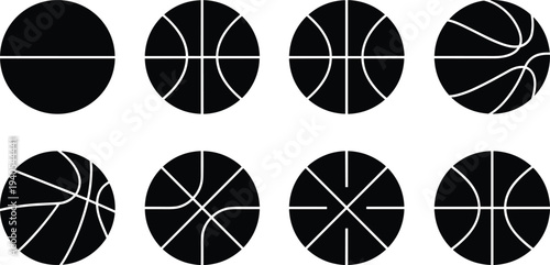Set of eight stylized black basketball icons with unique white seam line patterns, modern sports ball silhouettes for design, branding, illustration, and creative projects