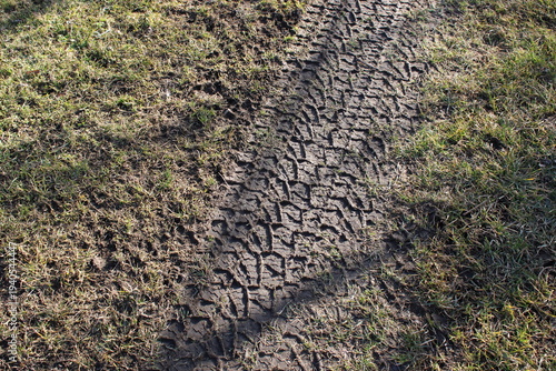 Tire Track Visible in Muddy Ground on a Sunny Day in an Open Field