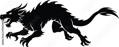 Powerful mythical dragon silhouette in aggressive dynamic pose with sharp teeth, spiky mane, clawed limbs, and long segmented tail fantasy creature illustration