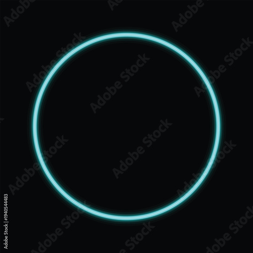A shimmering aqua blue neon circle glows with intense light within a completely black space