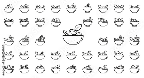 Collection of Simple Line Drawings of Various Food Items in Bowls.