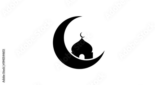 Islamic crescent moon with mosque silhouette symbol.