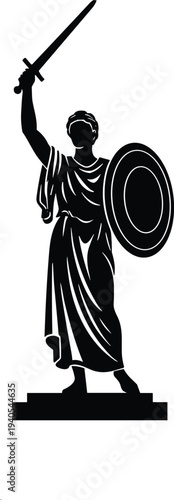 Silhouette of ancient warrior holding sword and shield on pedestal, symbolizing strength, heroism, defense, mythology, classical history, courage, and timeless protective power