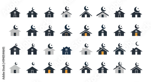 Collection of Mosque Icons with Crescent Moon Symbols.