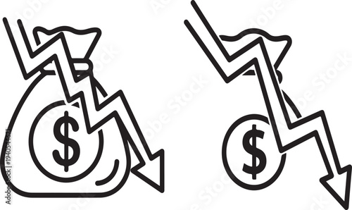 Financial loss concept with money bag and falling chart
