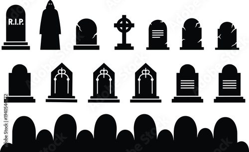 Silhouette collection of gravestones and tombstones with RIP cross and cemetery designs, spooky graveyard elements perfect for Halloween decorations, gothic art, and dark themed projects