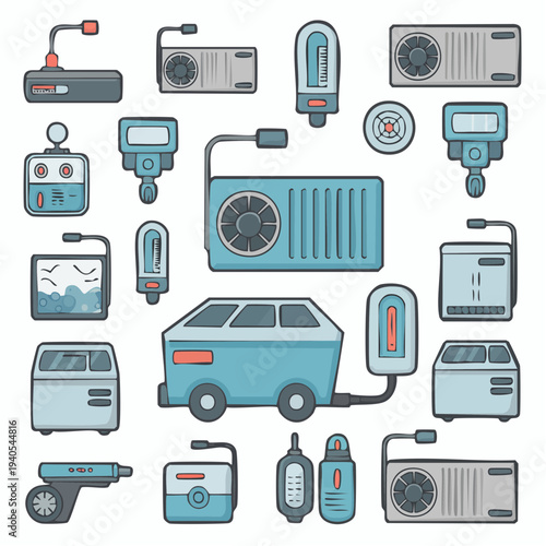 Collection of futuristic electronic devices and vehicles rendered in a flat, cartoonish style