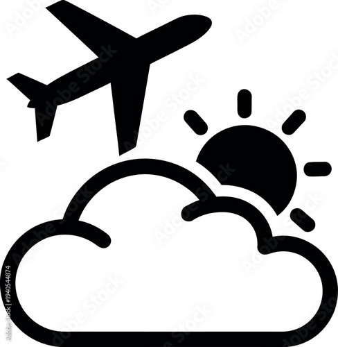 Black silhouette of an airplane flying past a sun partially obscured by a cloud aircraft