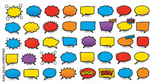 A vibrant collection of diverse comic book style speech and thought bubbles, perfect for conveying messages and ideas in graphic design projects