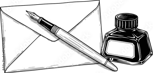 Vintage fountain pen resting envelope next to inkwell in black and white line writing