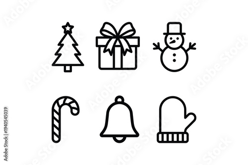 Christmas line icon set with tree snowman and gift box - Minimalist winter holiday outline icon set
