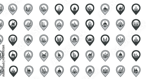 Collection of map pin icons with various symbols inside.