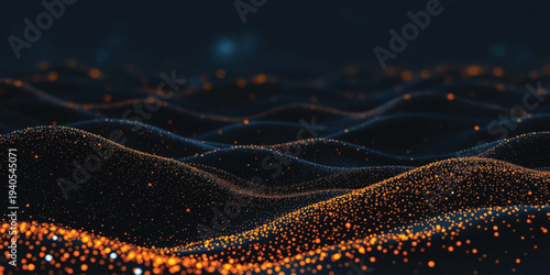 Abstract Blue and Orange Digital Particle Wave Background with Glowing Data Flow and Futuristic Technology Concept Design